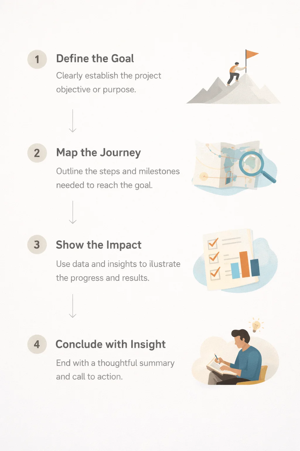 Minimal infographic showing four step storytelling process including define the goal map the journey show the impact with data and conclude with insight illustrated with icons for planning navigation analytics and reflection