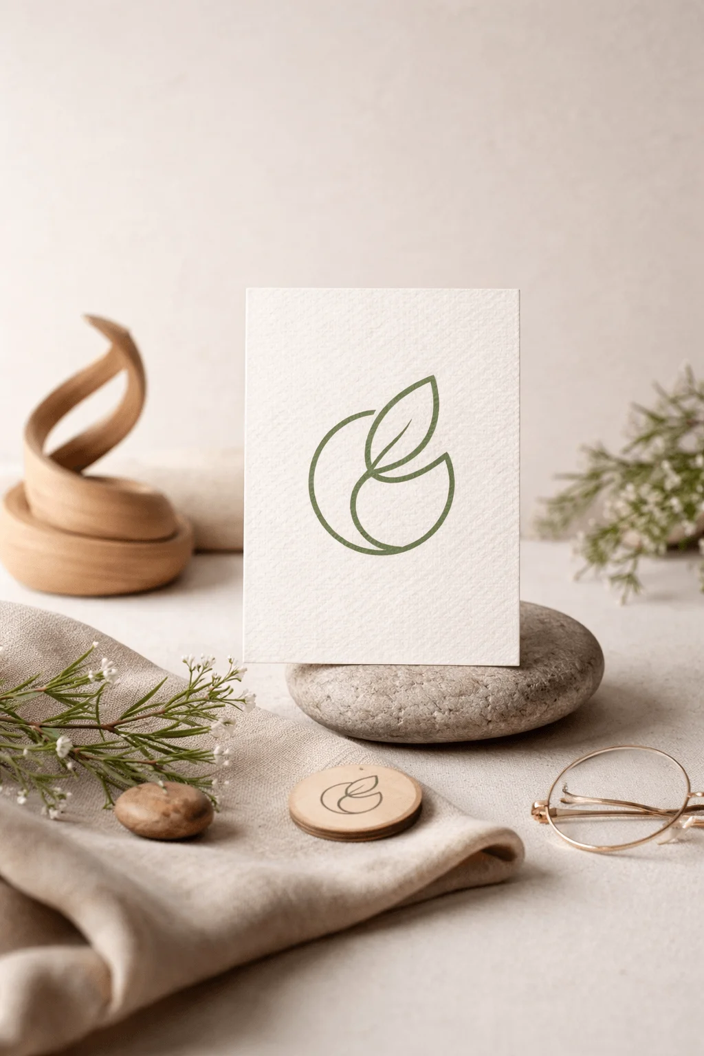 Minimal eco logo with a leaf inside a circular shape printed on textured card placed on a stone with neutral fabric wooden decor small plants and soft natural lighting creating a calm minimalist aesthetic