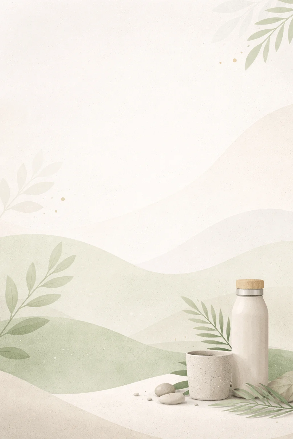 Minimal soft toned background with gentle abstract waves subtle leaf shapes and a reusable bottle with a cup and stones creating a clean eco friendly aesthetic