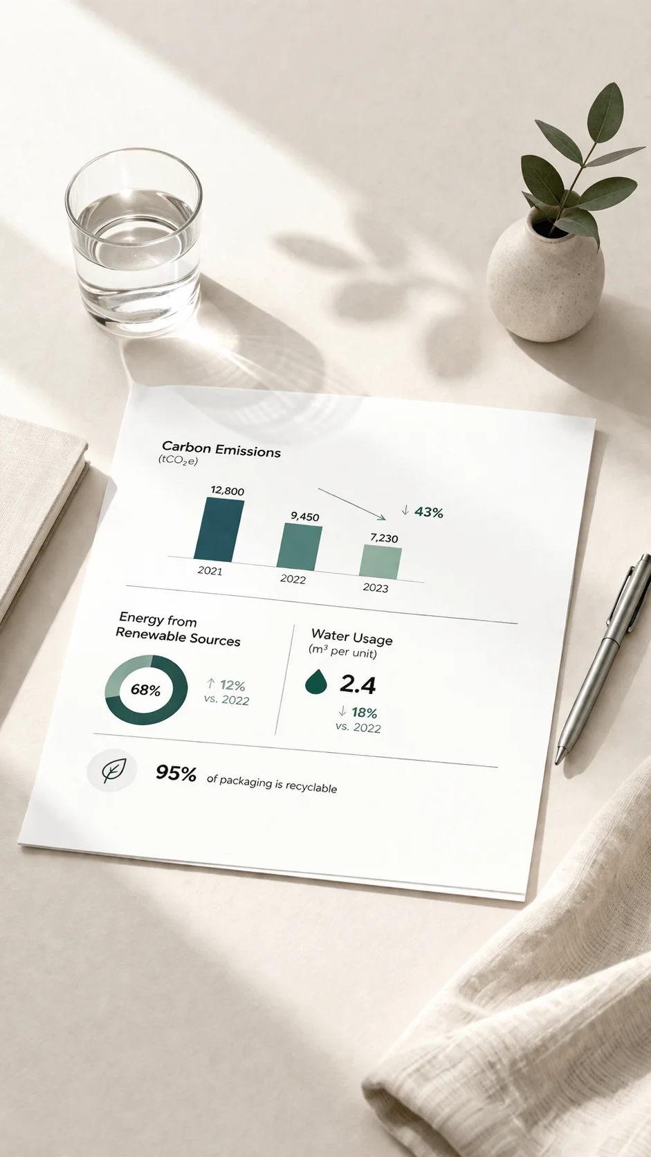 minimal sustainability report sheet with clean layout showing carbon emissions energy from renewable sources and water usage metrics on a neutral desk with glass of water and plant