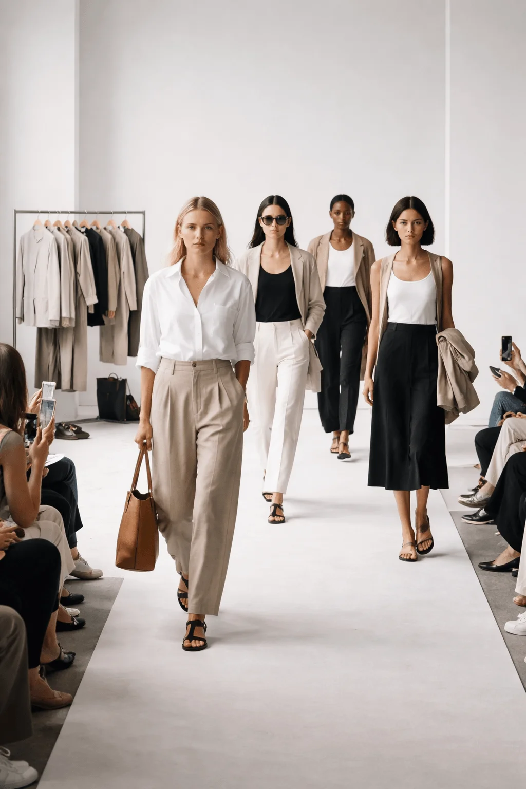 Models walk down a clean, minimalist runway wearing neutral-toned outfits with simple, versatile designs, representing a capsule wardrobe concept focused on timeless style, functionality, and reduced consumption.