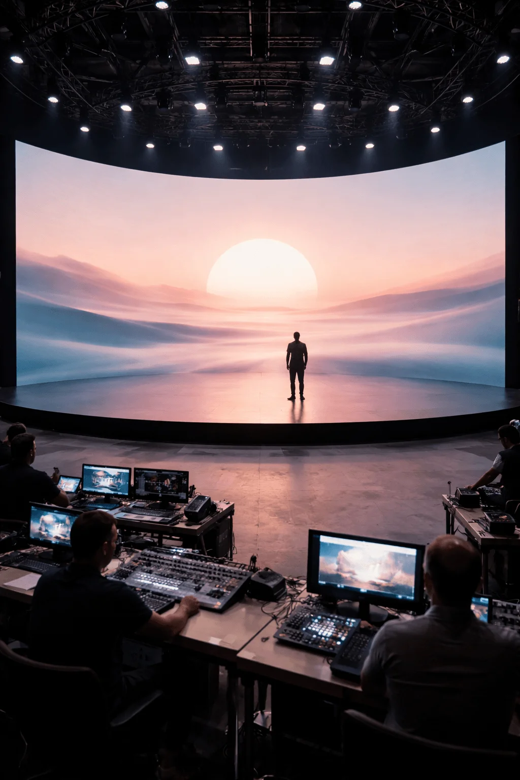 Minimalist stage design with a single performer standing before a large curved LED screen displaying a soft sunrise landscape with technicians operating control consoles in the foreground