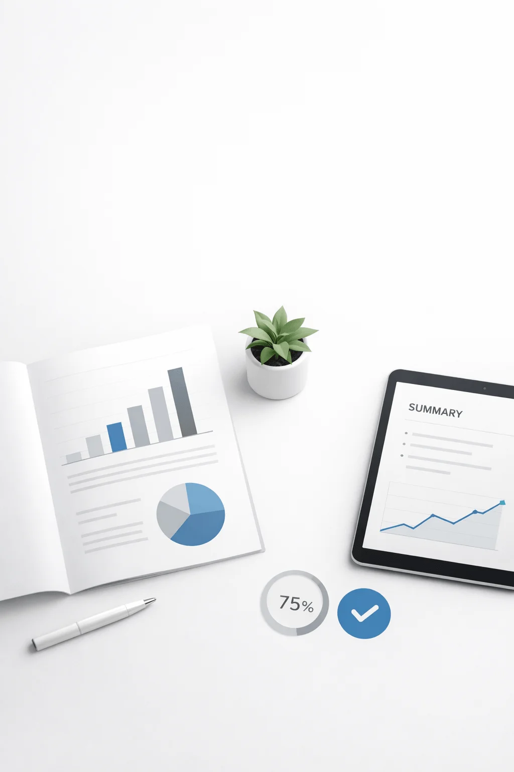 Minimalist workspace with printed report charts tablet displaying summary analytics small plant and clean white background