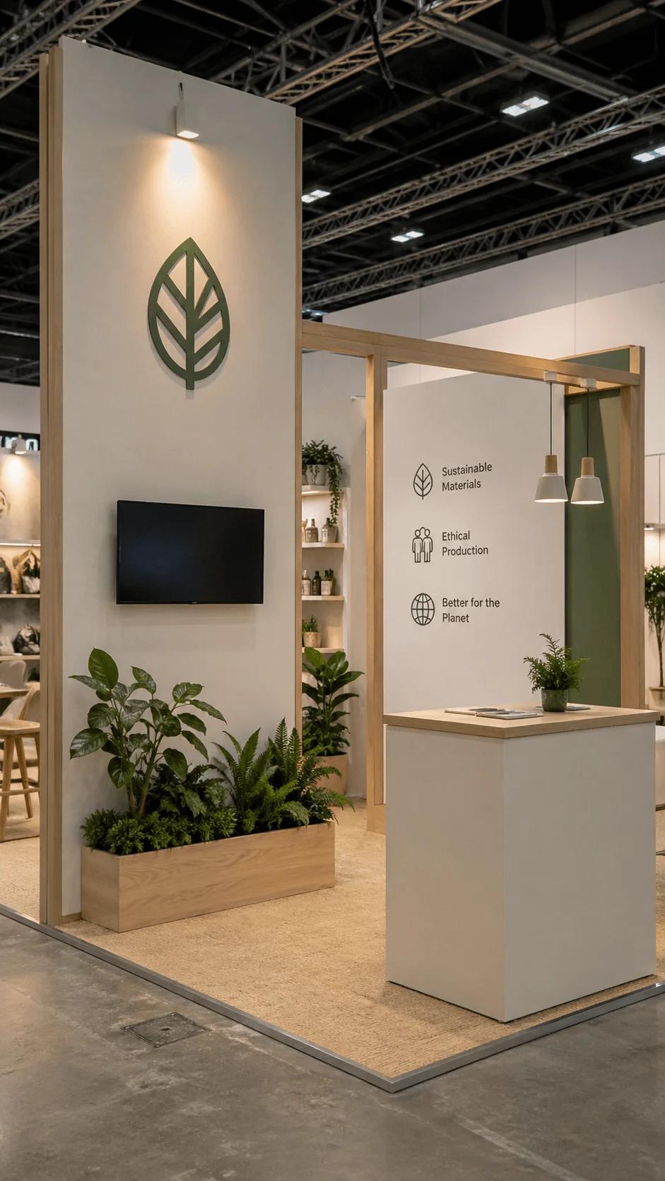 Minimalist sustainable exhibition booth with clean wooden frame greenery accents simple display counter and eco friendly messaging on materials and production