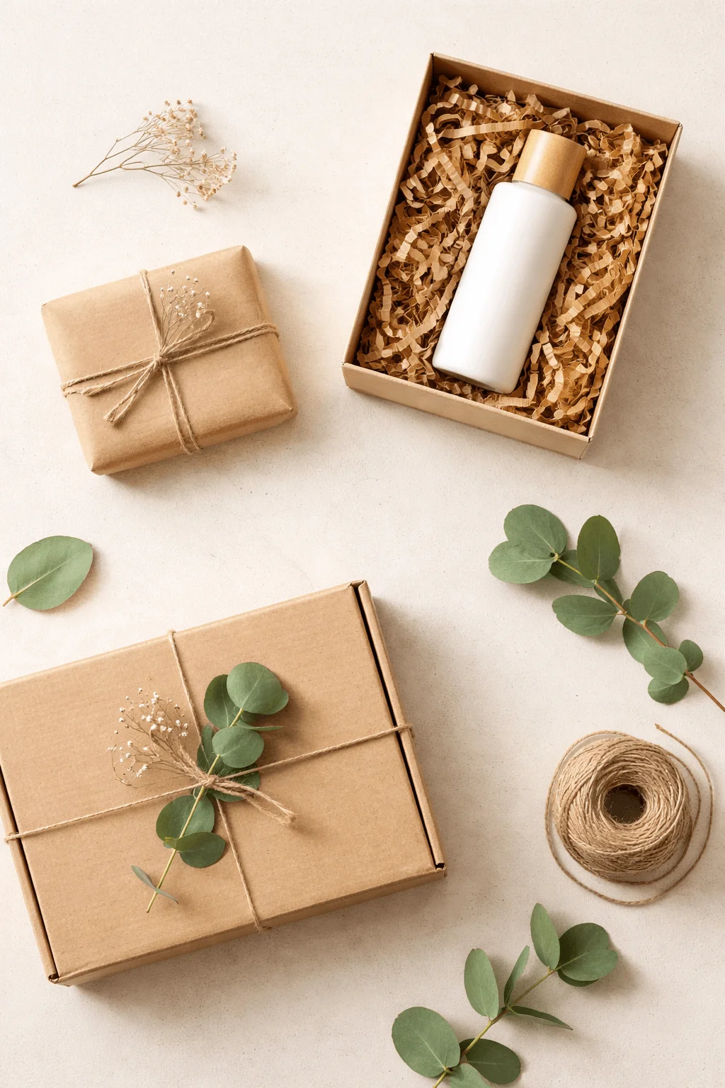 Minimalist eco friendly gift packaging with kraft boxes twine eucalyptus leaves and a bottle in a box with paper filler