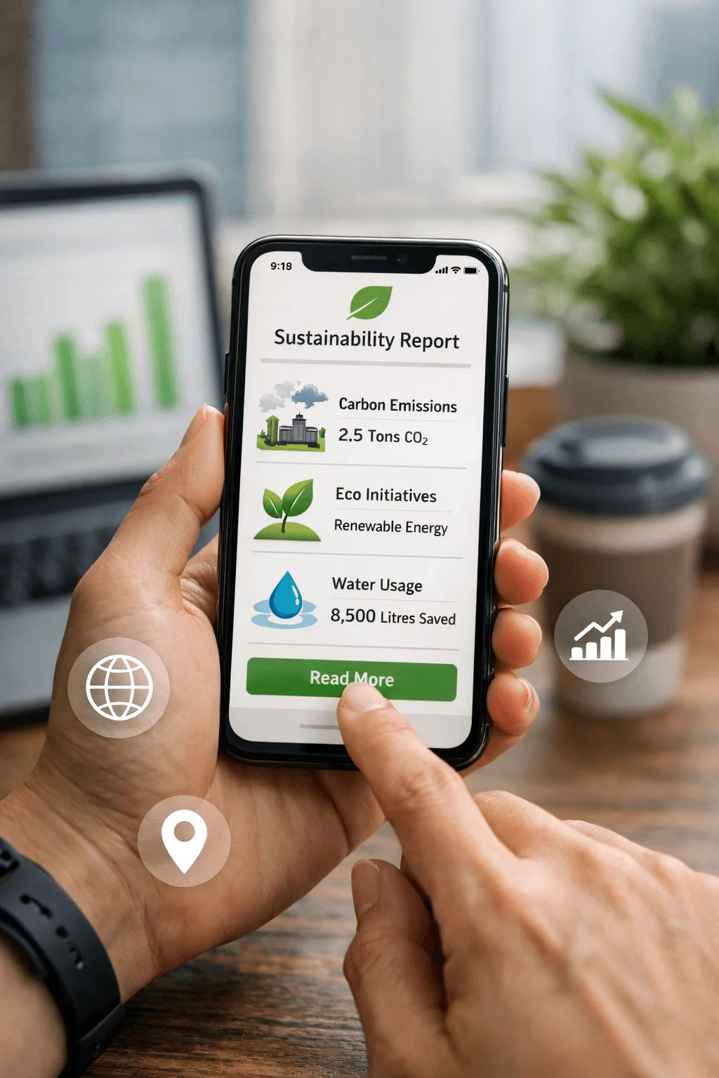 Hand holding smartphone displaying sustainability report app with carbon emissions eco initiatives renewable energy and water usage metrics with read more button