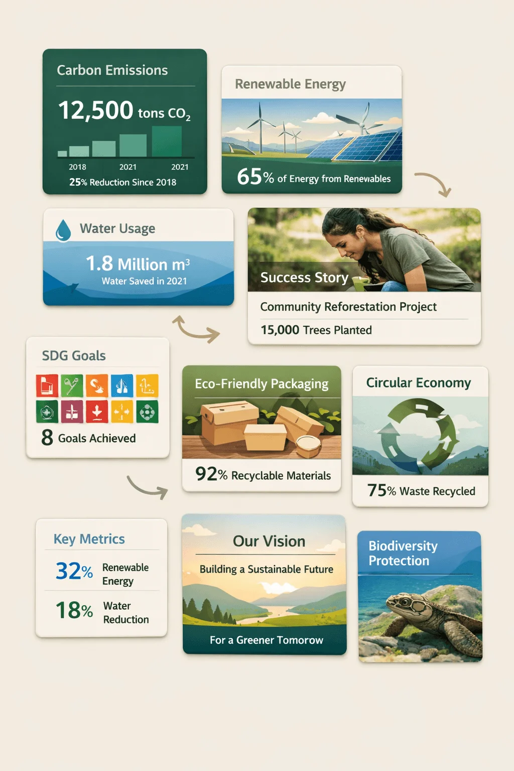 Sustainability infographic with modular cards showing carbon emissions at 12500 tons CO2 renewable energy at 65 percent water usage with 1.8 million cubic meters saved success story of community reforestation with 15000 trees planted SDG goals with 8 achieved eco friendly packaging with 92 percent recyclable materials circular economy with 75 percent waste recycled key metrics showing 32 percent renewable energy and 18 percent water reduction and biodiversity protection illustration