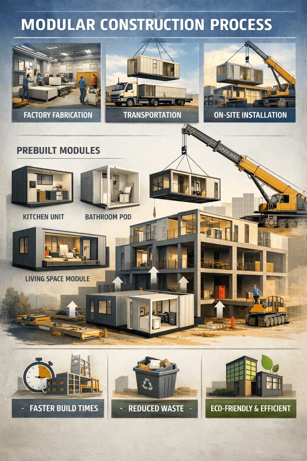 modular construction process poster showing factory fabrication transportation on site installation prebuilt modules like kitchen bathroom and living units with benefits of faster build times reduced waste and eco friendly efficiency