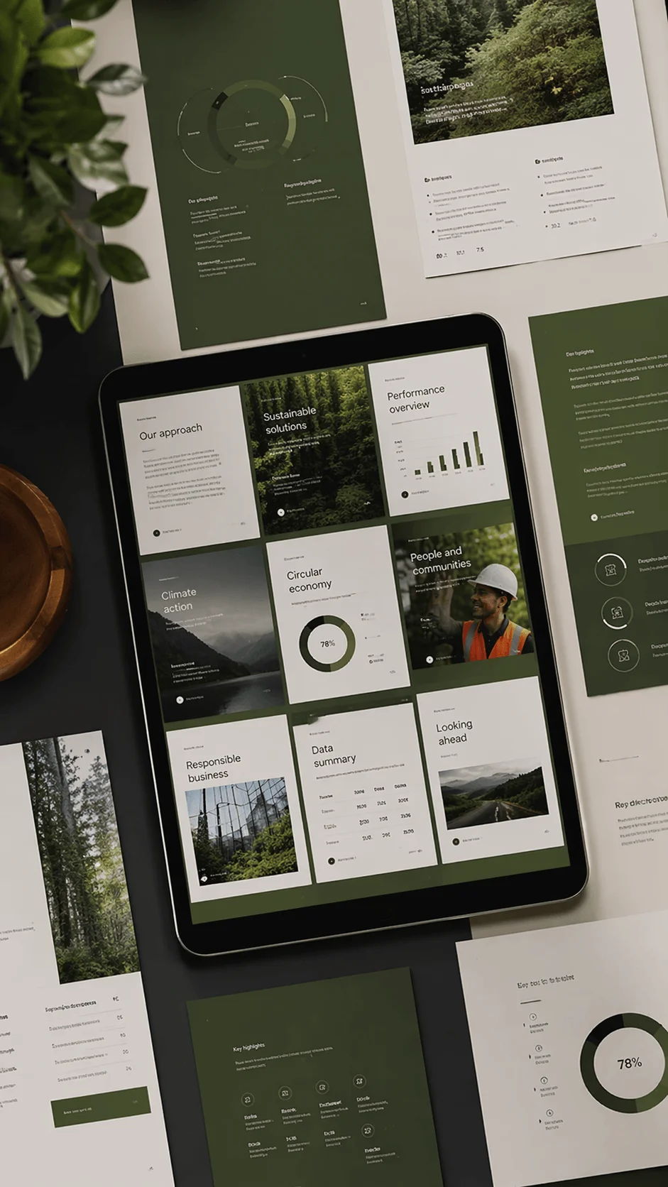 Tablet displaying modular sustainability report layout with sections for climate action circular economy performance overview data summary and community impact surrounded by printed report pages