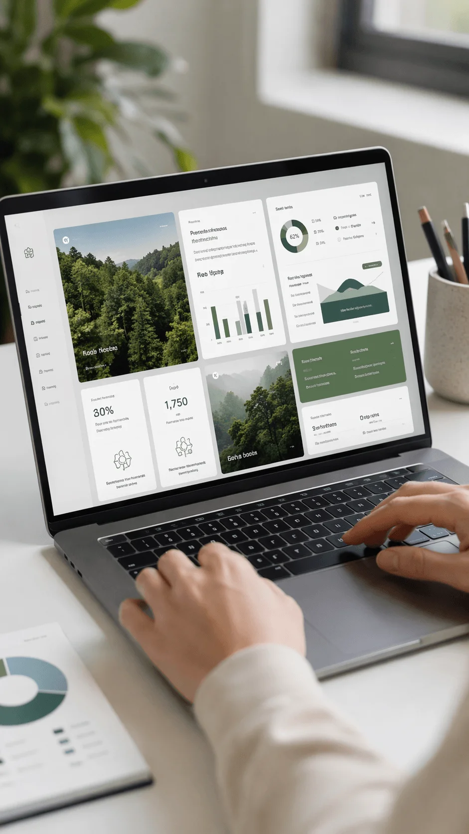 Person using a laptop displaying a modular sustainability dashboard with forest imagery data cards charts and metrics in a clean grid layout alongside workspace elements like a plant and stationery
