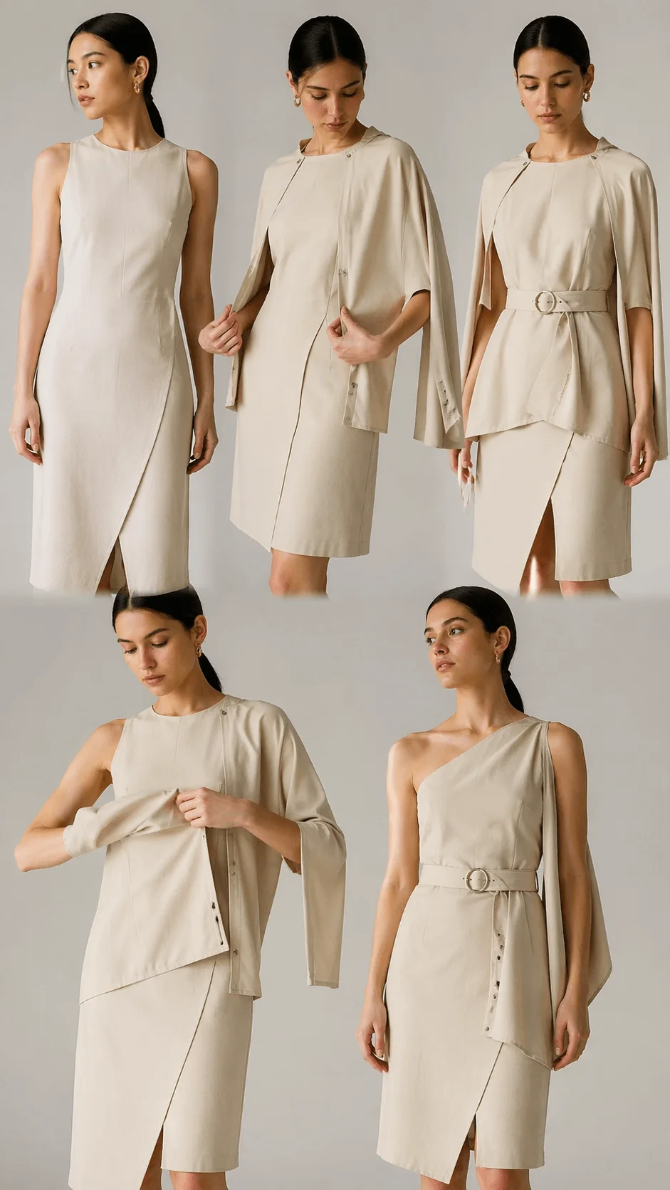 Woman modeling a versatile modular dress with detachable sleeves and adjustable design shown in multiple styling variations highlighting adaptable sustainable fashion