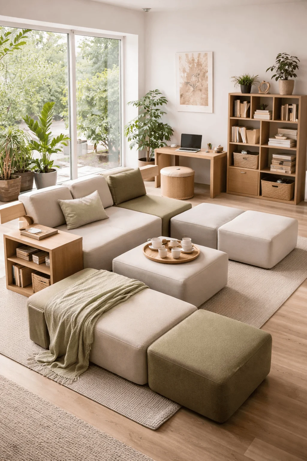 Flexible living room with modular seating ottomans wooden storage units indoor plants natural light and a multifunctional layout creating a practical adaptable interior space