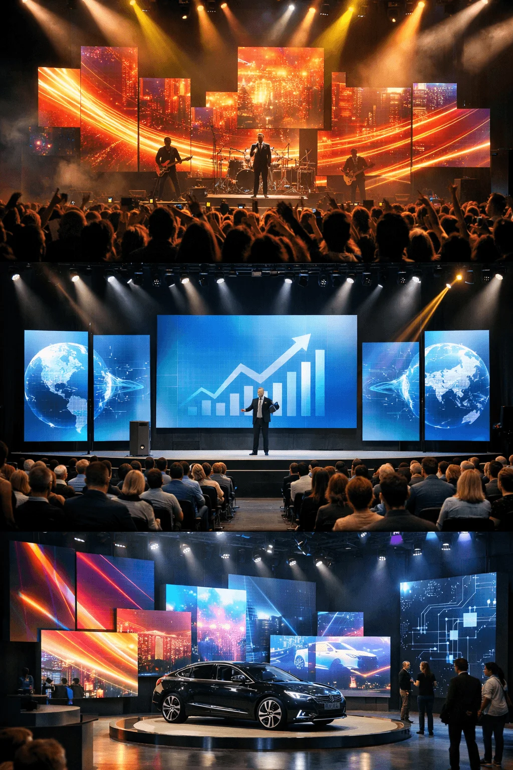 Three stage setups showcasing modular LED panel systems including a live concert with vibrant orange visuals a corporate presentation with blue data graphics and a product launch featuring a car surrounded by dynamic digital screens