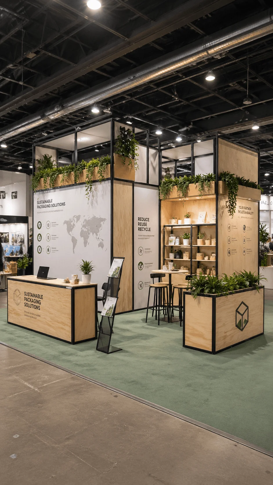 Modern exhibition booth with modular wooden panels greenery displays and eco friendly packaging solutions showcase with seating and product shelves
