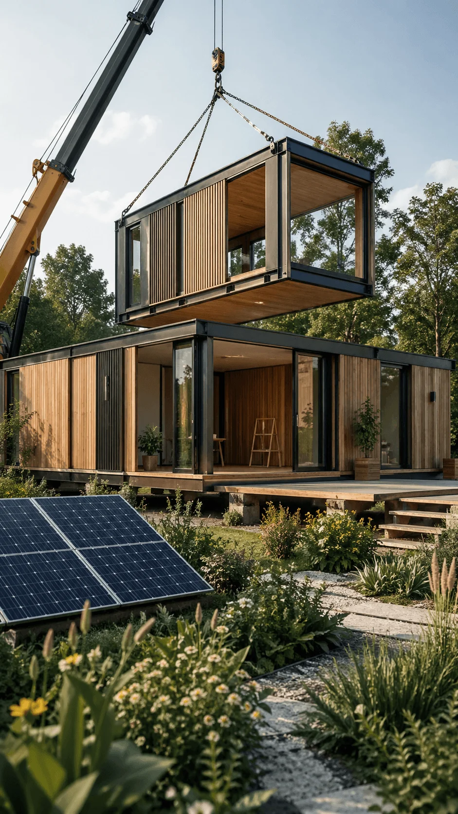 Modular sustainable house construction with prefabricated unit lifted by crane solar panels installed and modern eco friendly design surrounded by greenery