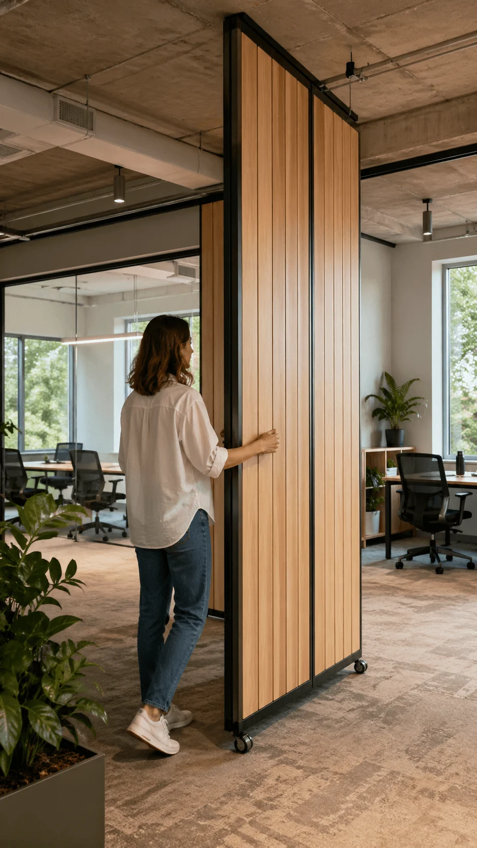 Modern office interior with movable wooden partition wall on wheels flexible workspace layout indoor plants and open collaborative environment