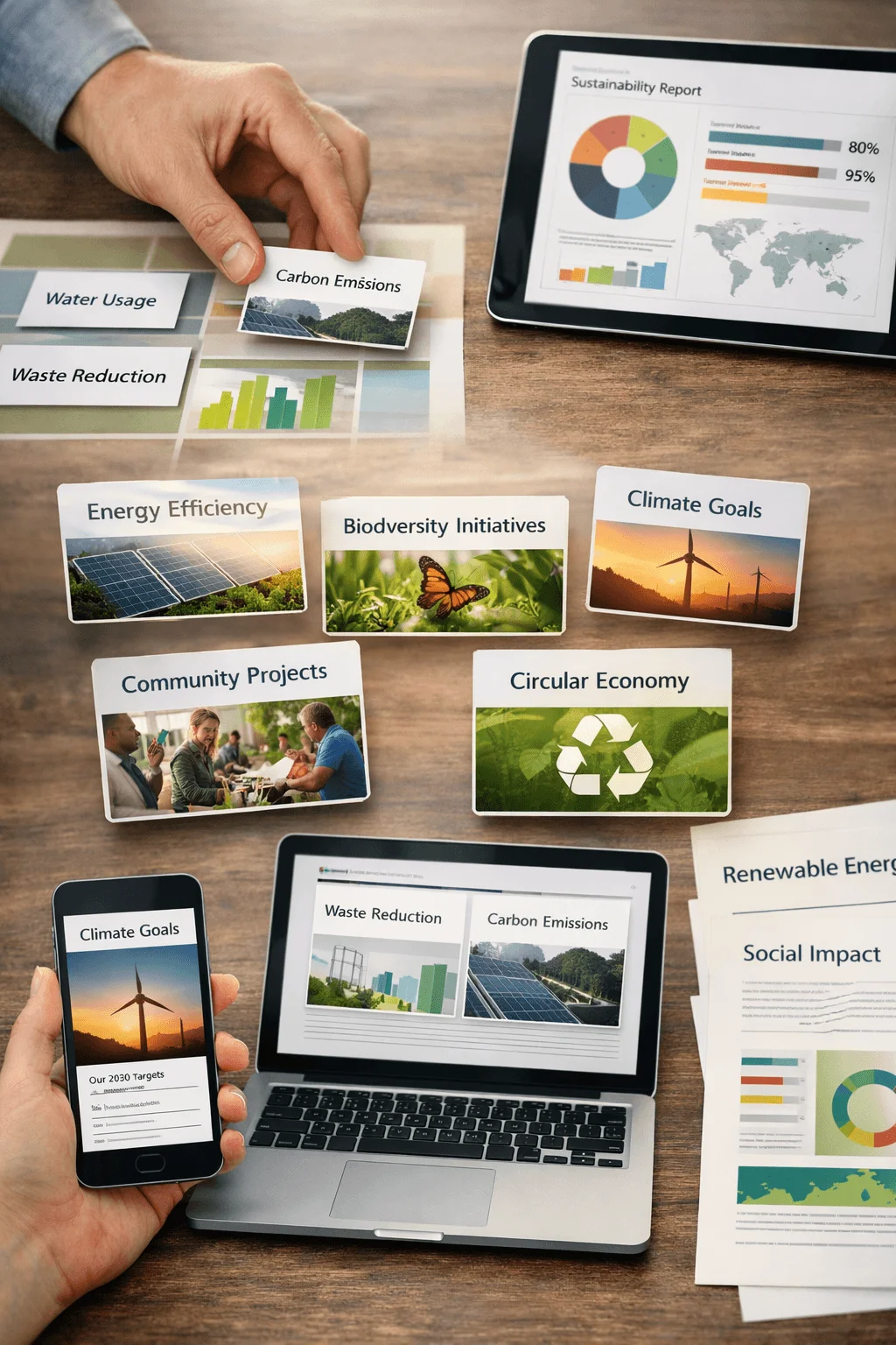 modular sustainability report layout with labeled cards for carbon emissions energy efficiency biodiversity and climate goals displayed across laptop tablet and mobile devices