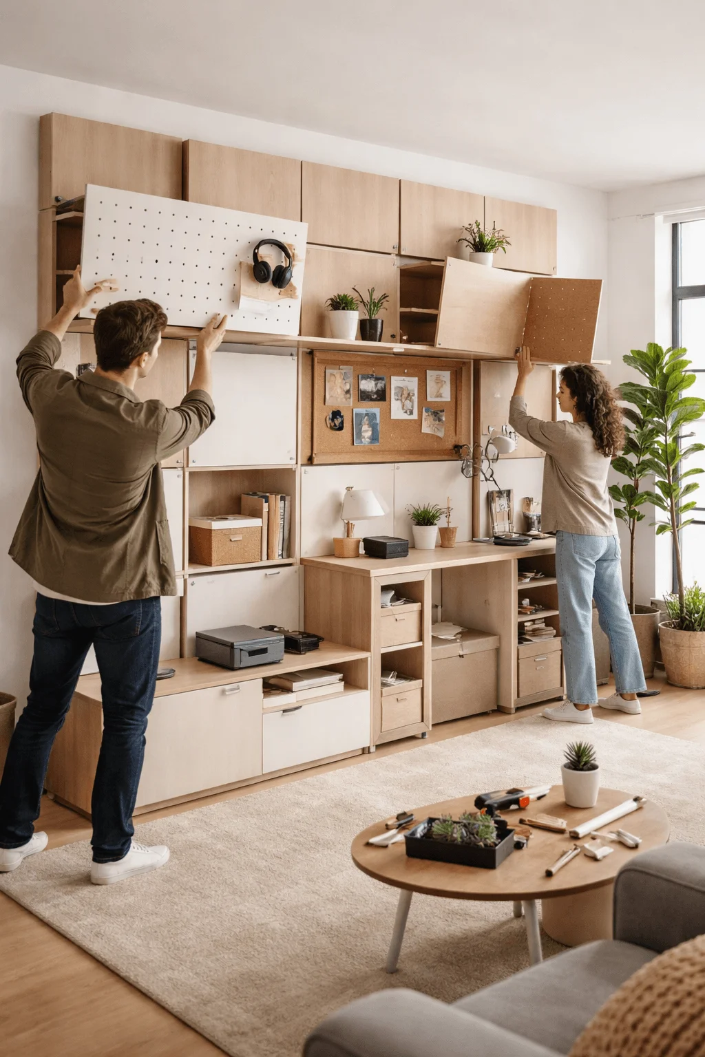 Modern interior with modular wall panels being adjusted by people creating a flexible workspace with neutral tones organized shelving and adaptable design elements