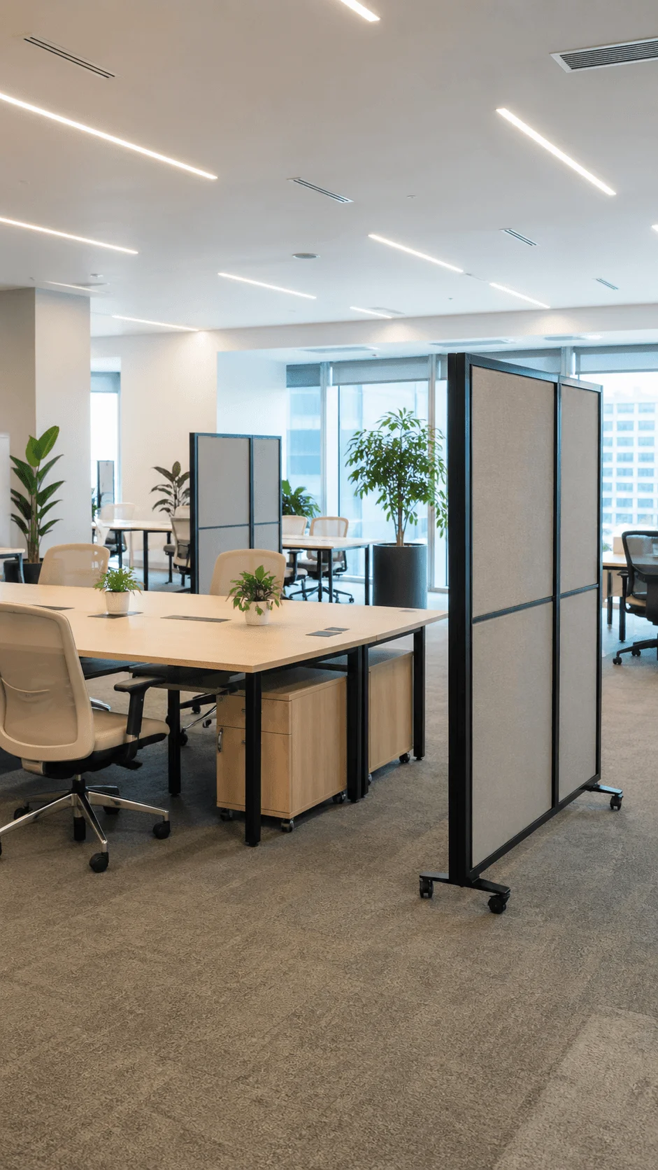 Modern office with modular furniture flexible partitions open desks and minimalist design supporting adaptable workspace layout