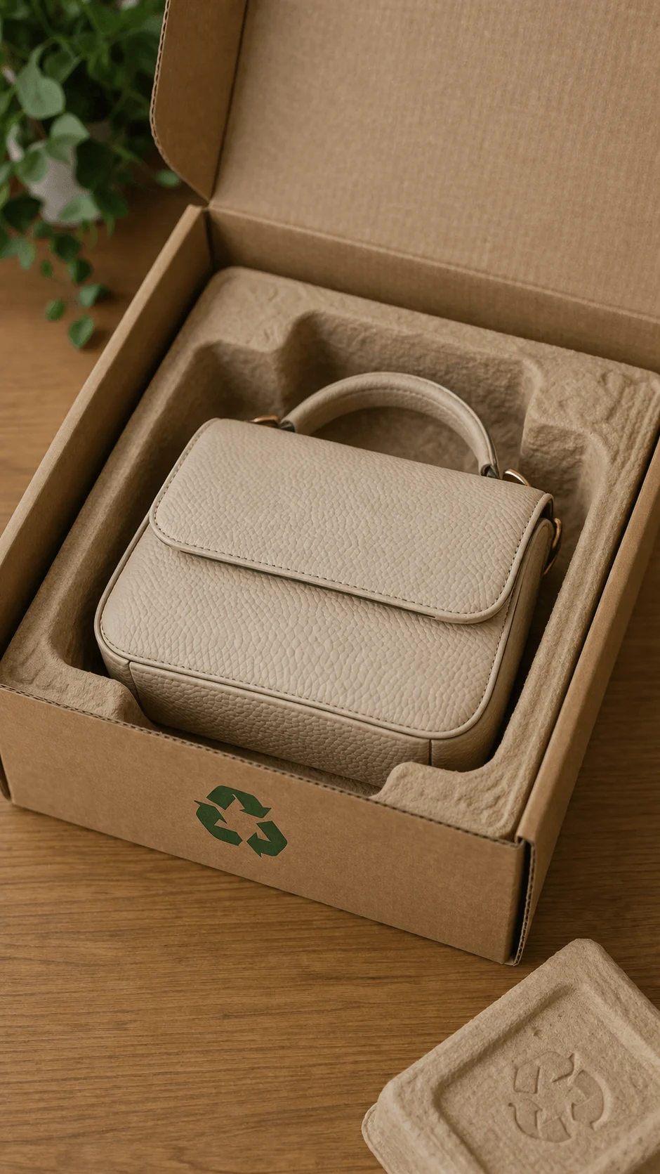 Recycled molded pulp packaging protecting a small handbag inside a cardboard box with eco friendly design