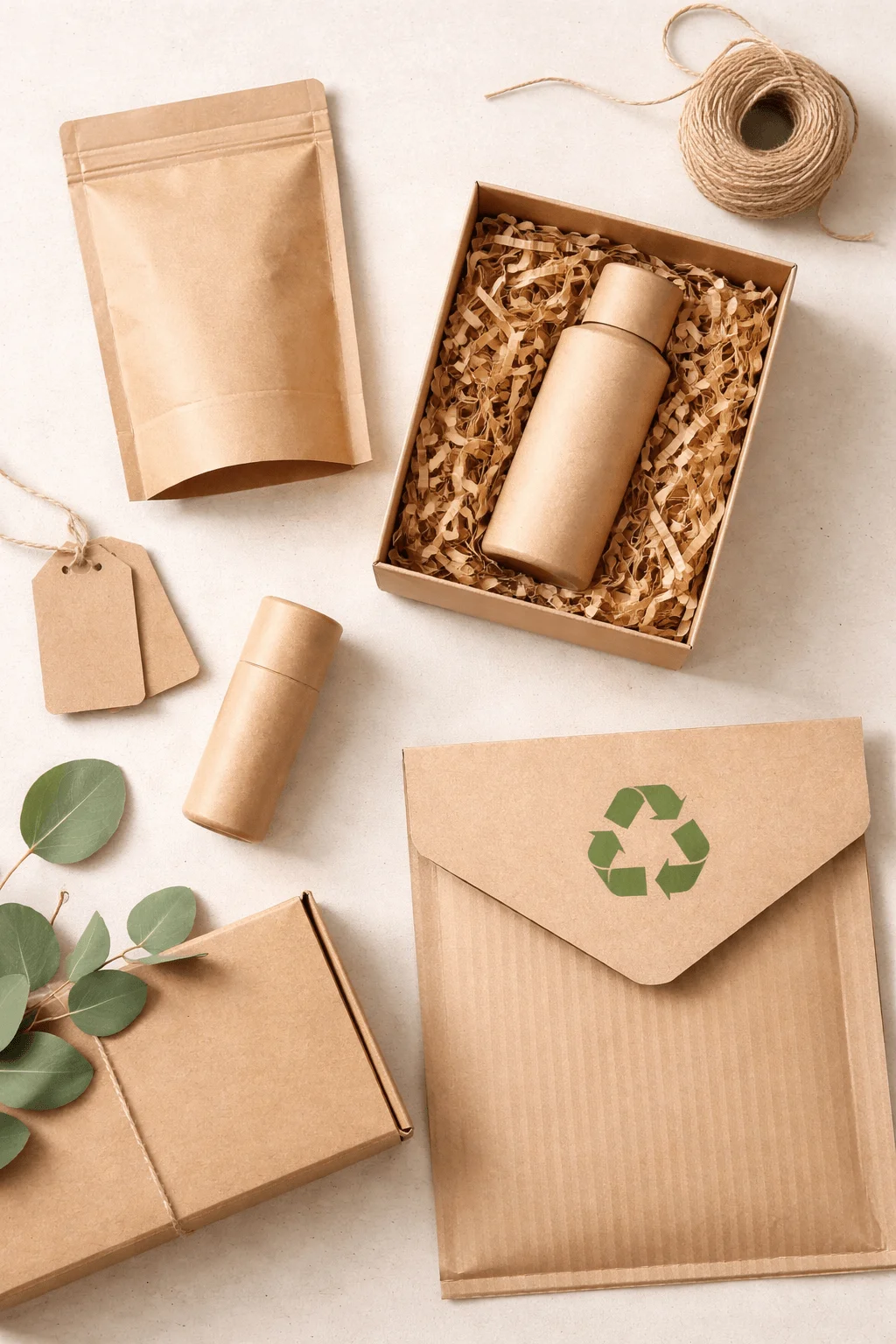 Mono material recyclable packaging with kraft paper pouches boxes envelope and paper filler arranged with natural elements