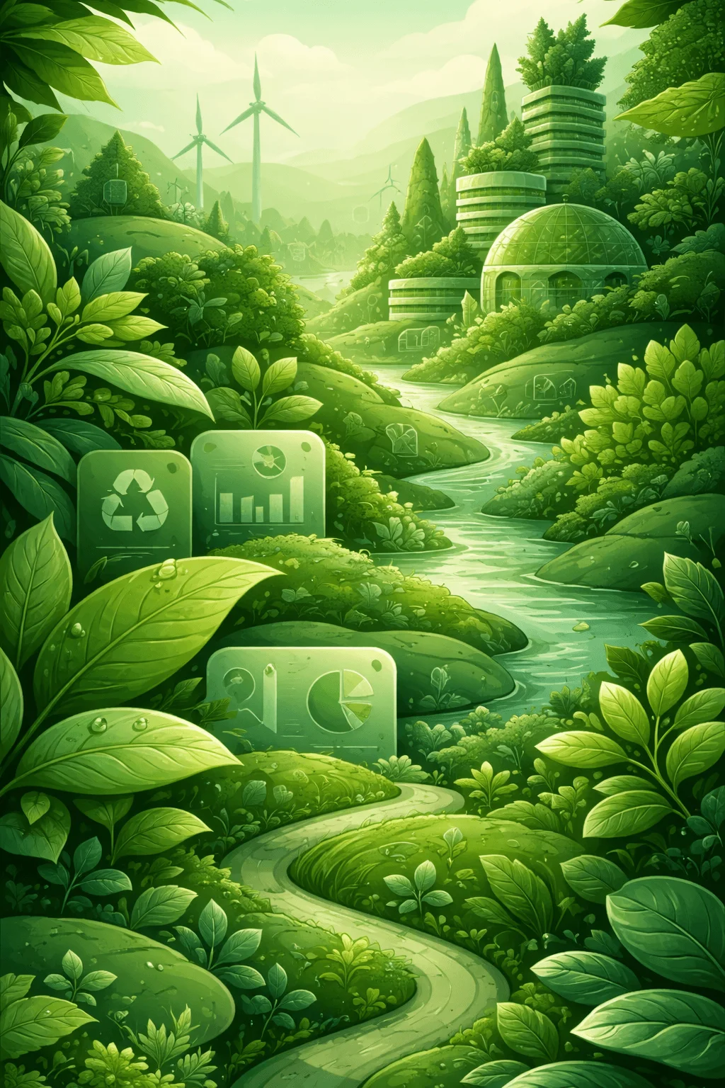 Lush monochromatic green landscape with winding river dense foliage eco city buildings wind turbines and sustainability icons representing environmental data recycling and green innovation