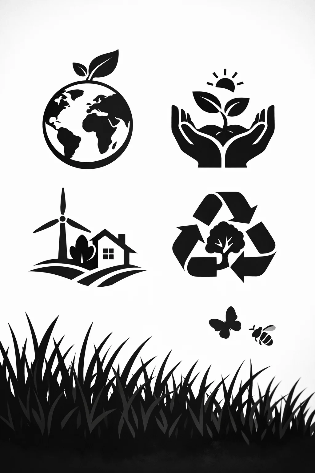 Black and white eco themed icons including globe with leaf hands holding plant wind turbine house recycling symbol and nature elements like grass butterfly and bee on a minimal background