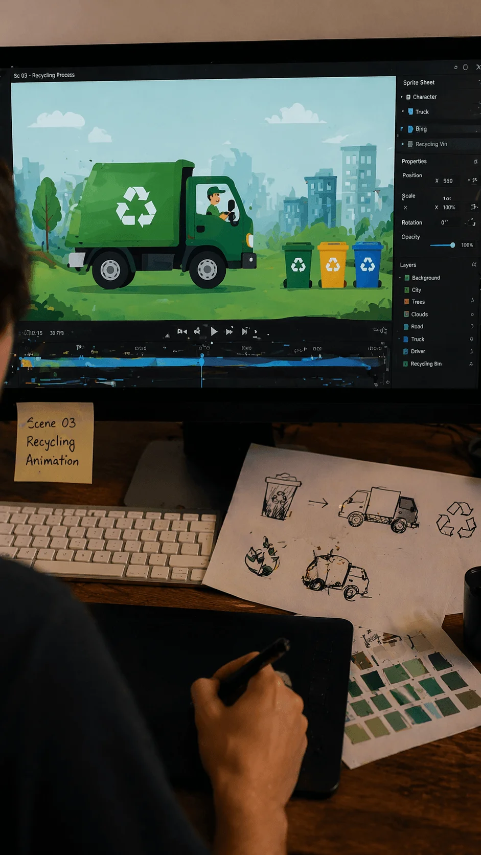 Workspace scene showing a designer creating a recycling animation on a computer screen with a green recycling truck and bins while sketching concepts on paper and using a drawing tablet with color swatches and notes nearby