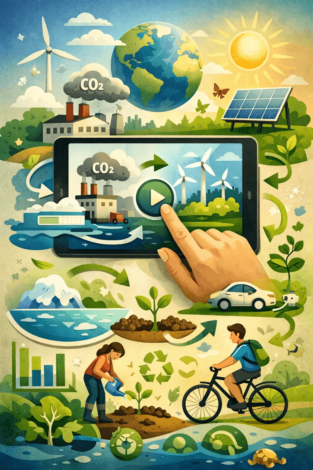 Illustration showing digital storytelling of sustainability with tablet displaying transition from pollution to clean energy surrounded by icons of recycling renewable energy electric car and eco actions