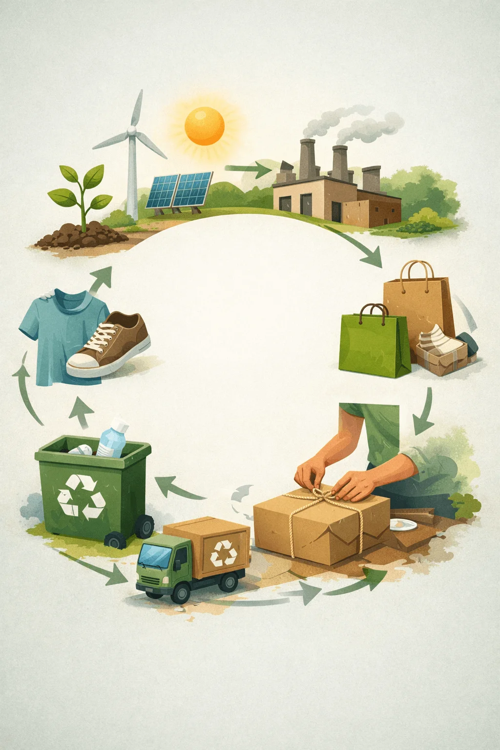 Illustrated circular sustainability process showing renewable energy production manufacturing packaging consumption recycling and reuse with icons like wind turbine solar panels factory clothing shopping bags recycling bin and delivery truck