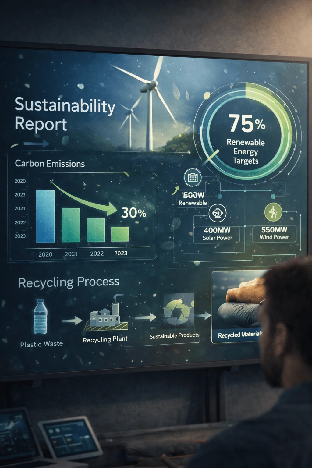 dynamic sustainability report display showing renewable energy targets carbon emissions reduction and recycling process with interactive data visuals
