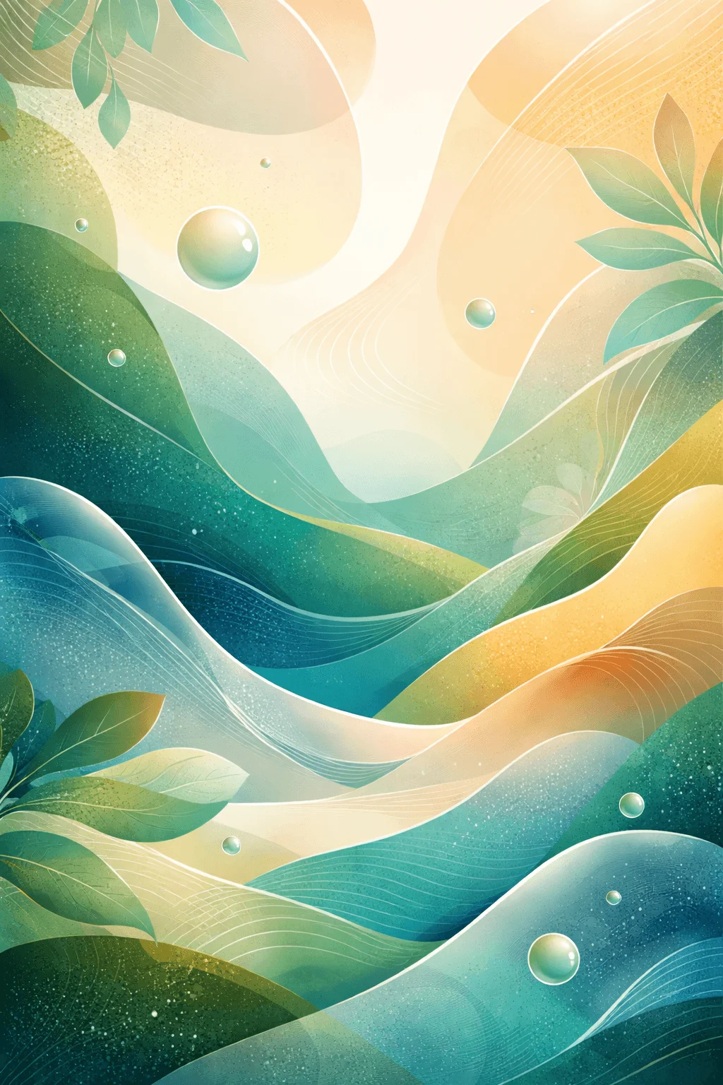 Abstract eco inspired design with flowing organic shapes soft gradients and layered waves in green and blue tones with leaves and floating droplets creating a calm natural atmosphere