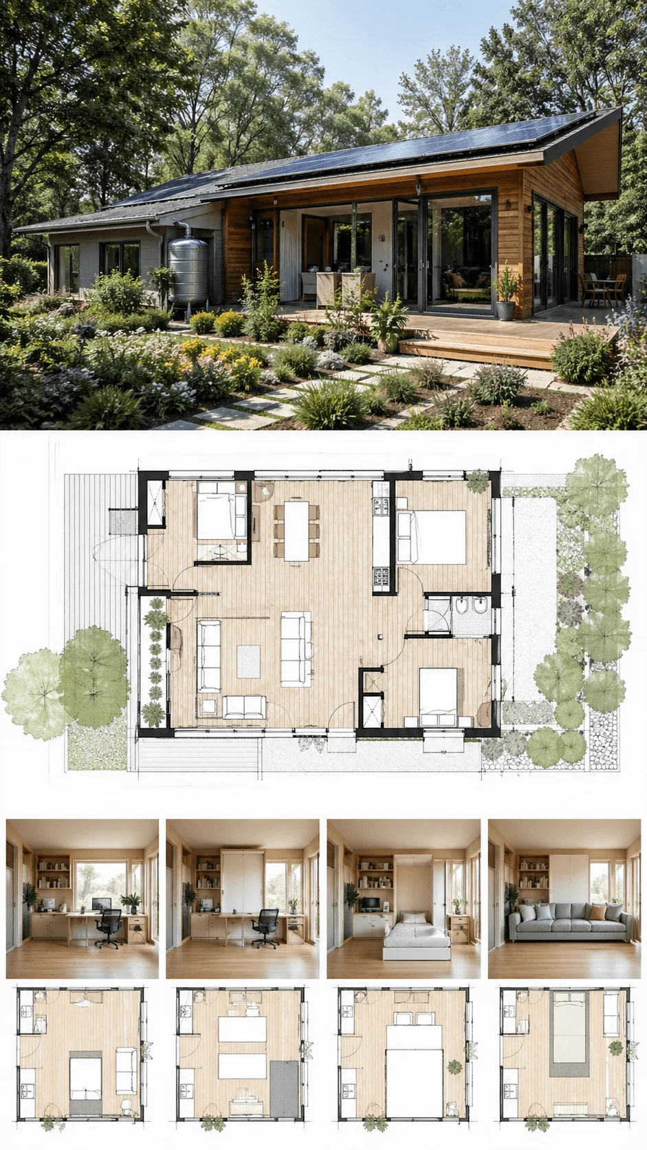 Sustainable house with solar panels and garden paired with detailed floor plan and flexible interior layouts showing multifunctional living spaces and room configurations