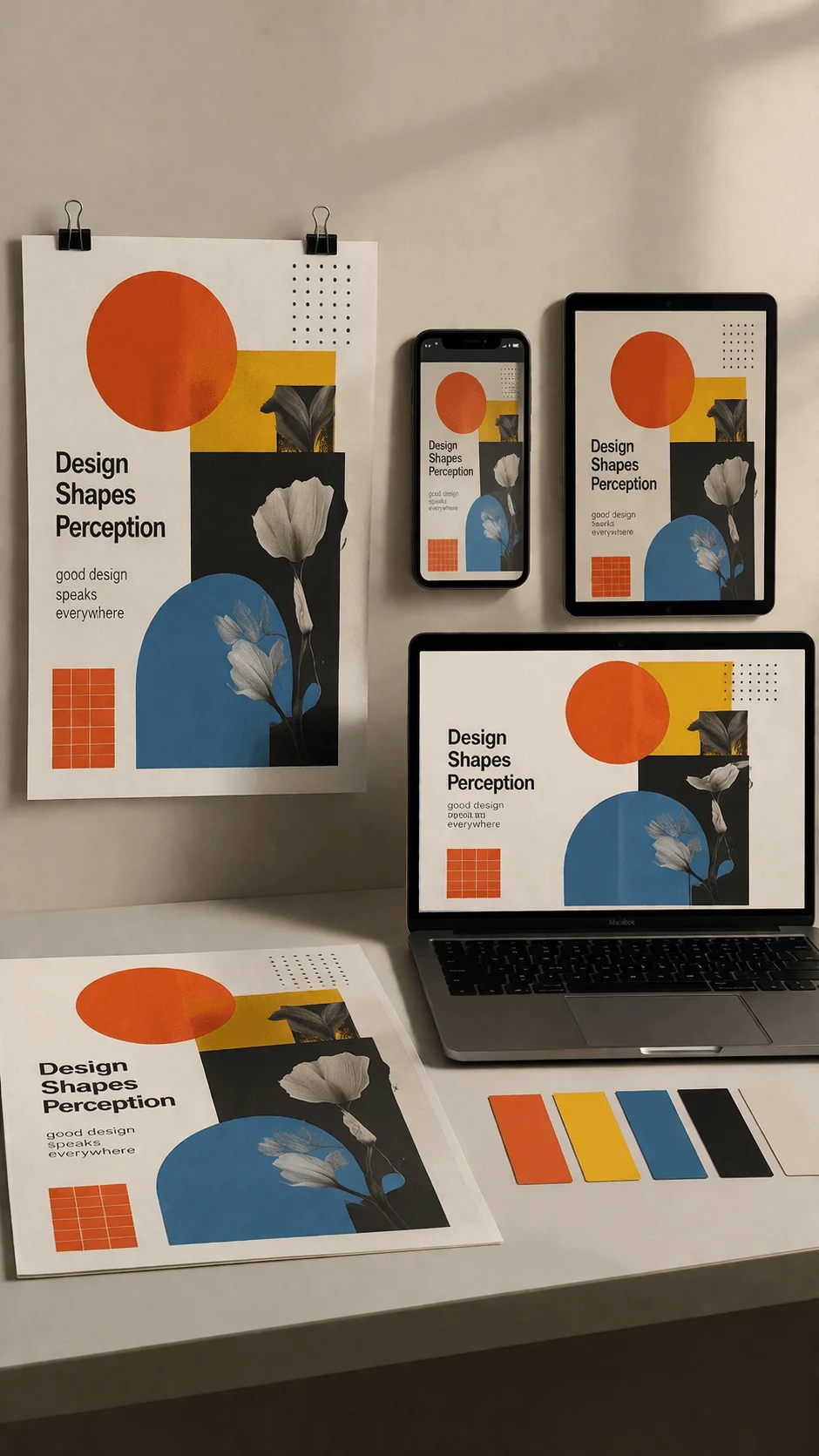 Modern poster design displayed across multiple formats including printed posters smartphone tablet and laptop screens featuring geometric shapes bold colors and consistent layout showing adaptable multi platform design