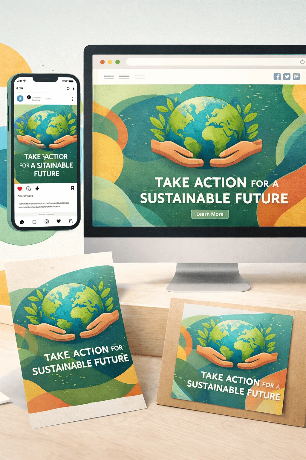 Sustainability campaign design displayed across desktop screen smartphone and printed posters featuring hands holding the earth with text take action for a sustainable future in a cohesive multi platform layout