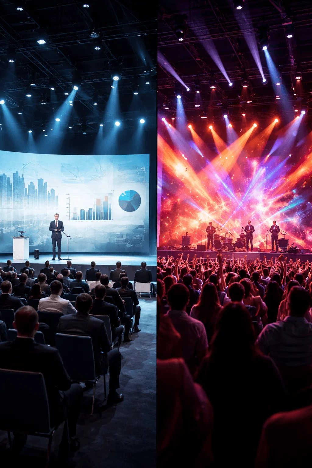 Split scene showing a corporate conference with a presenter and data visuals on one side and a live concert with vibrant colorful lighting and cheering crowd on the other demonstrating a multi purpose transforming stage setup