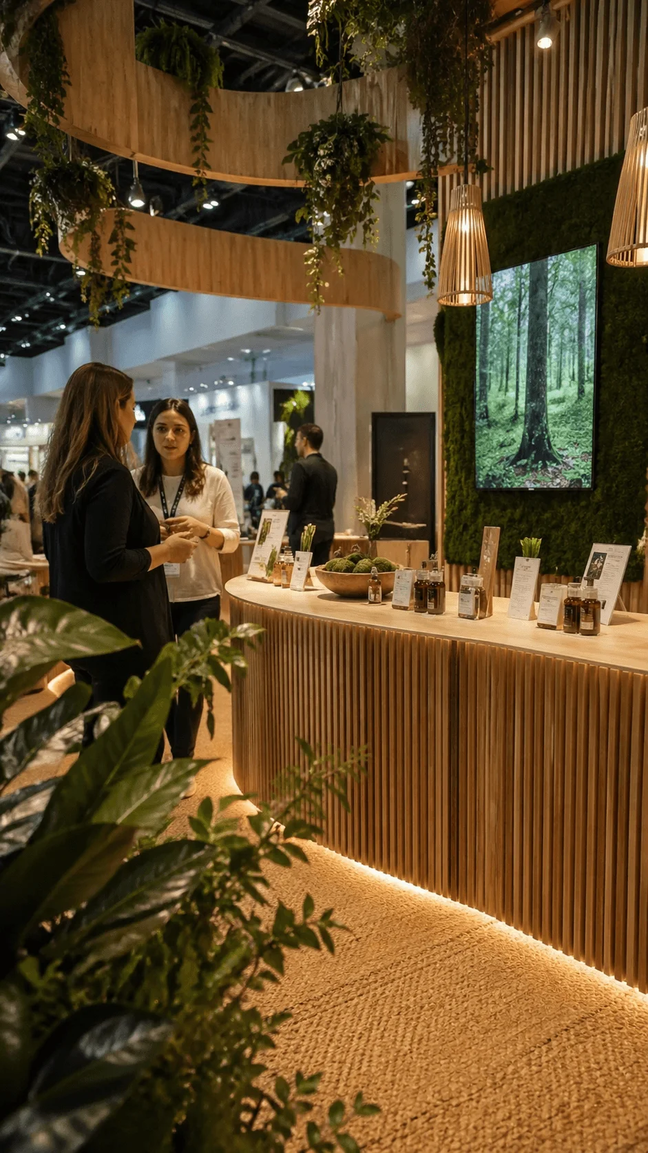 Eco friendly trade show booth with natural wood textures greenery displays hanging lights and sensory product showcase creating an immersive experience