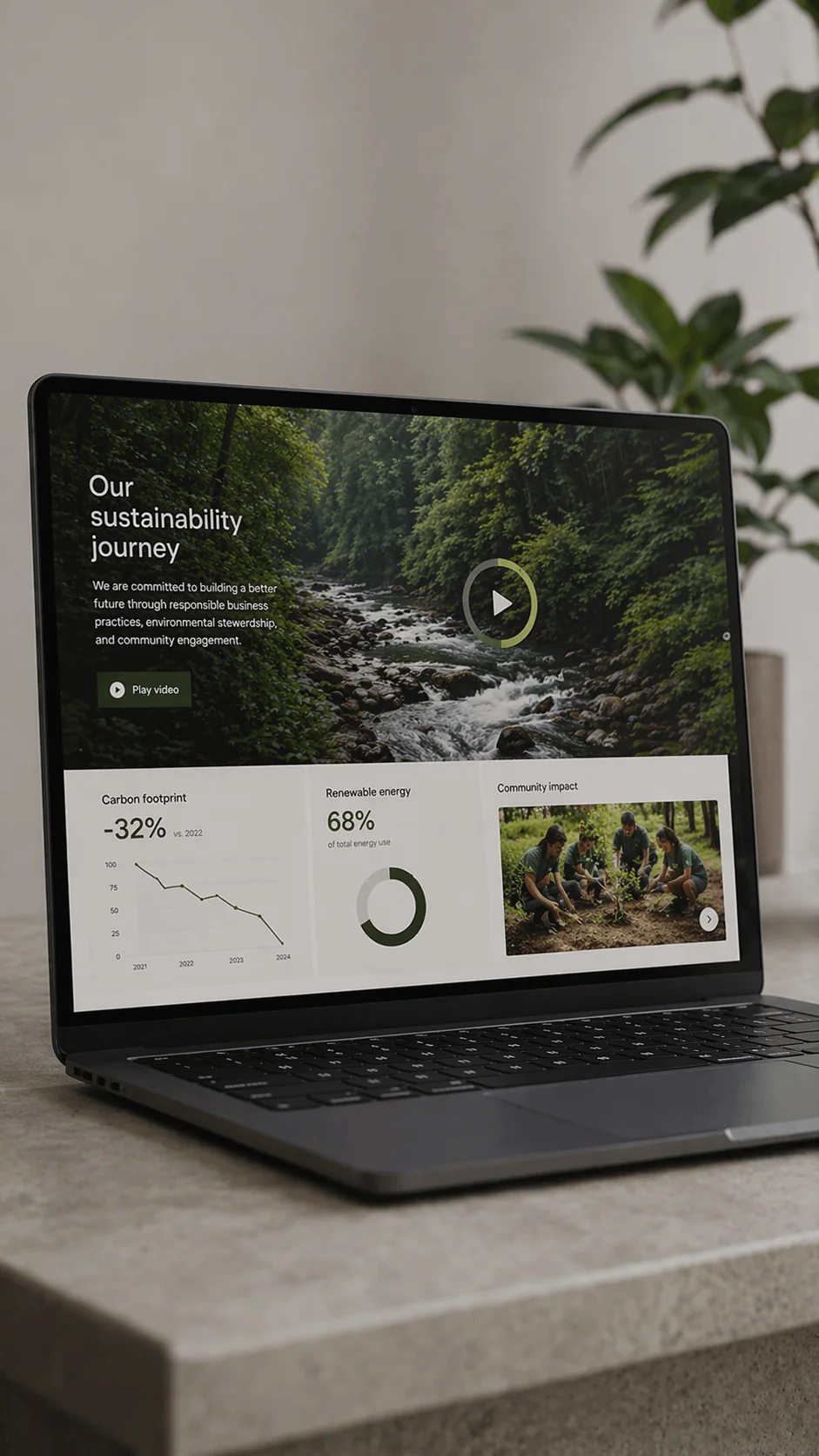 Laptop displaying sustainability report webpage with video storytelling carbon footprint reduction renewable energy usage and community impact sections