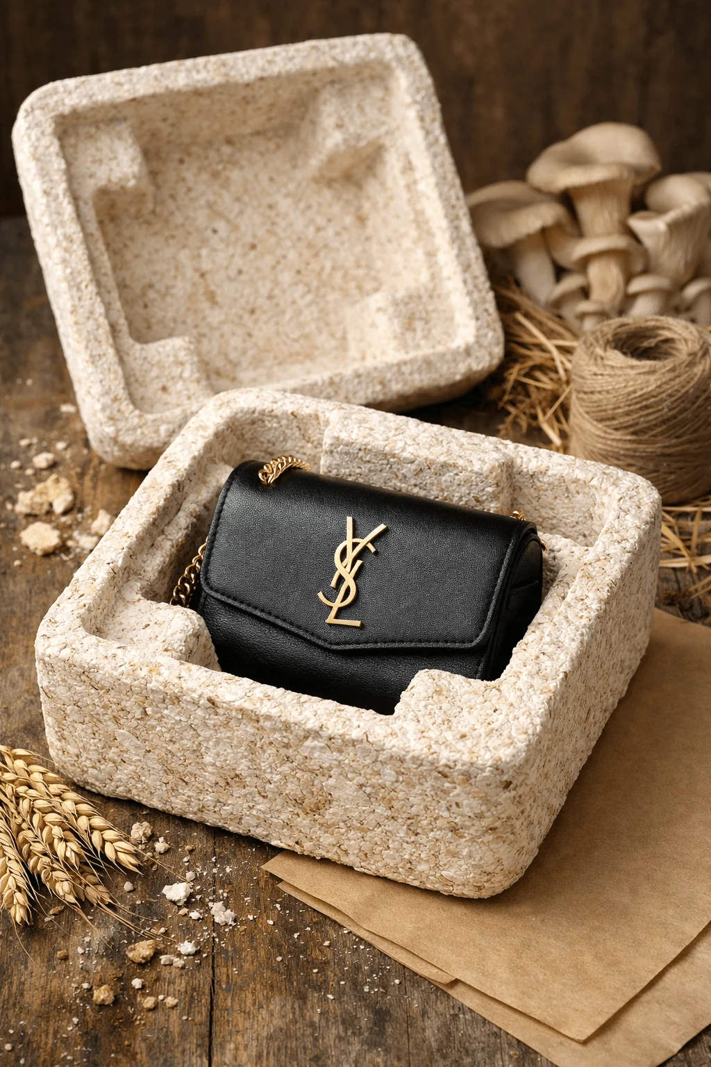 Black leather handbag placed inside biodegradable molded fiber packaging with natural materials like mushrooms straw and twine on a wooden surface