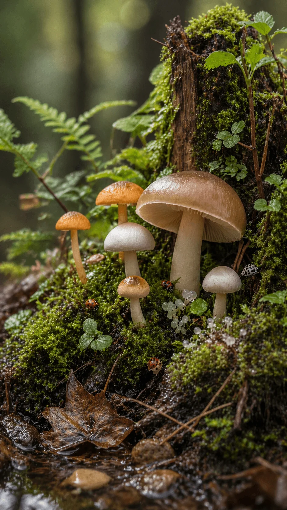 Cluster of mushrooms growing on a mossy forest floor with ferns small plants and fallen leaves in a damp woodland setting representing natural ecosystems