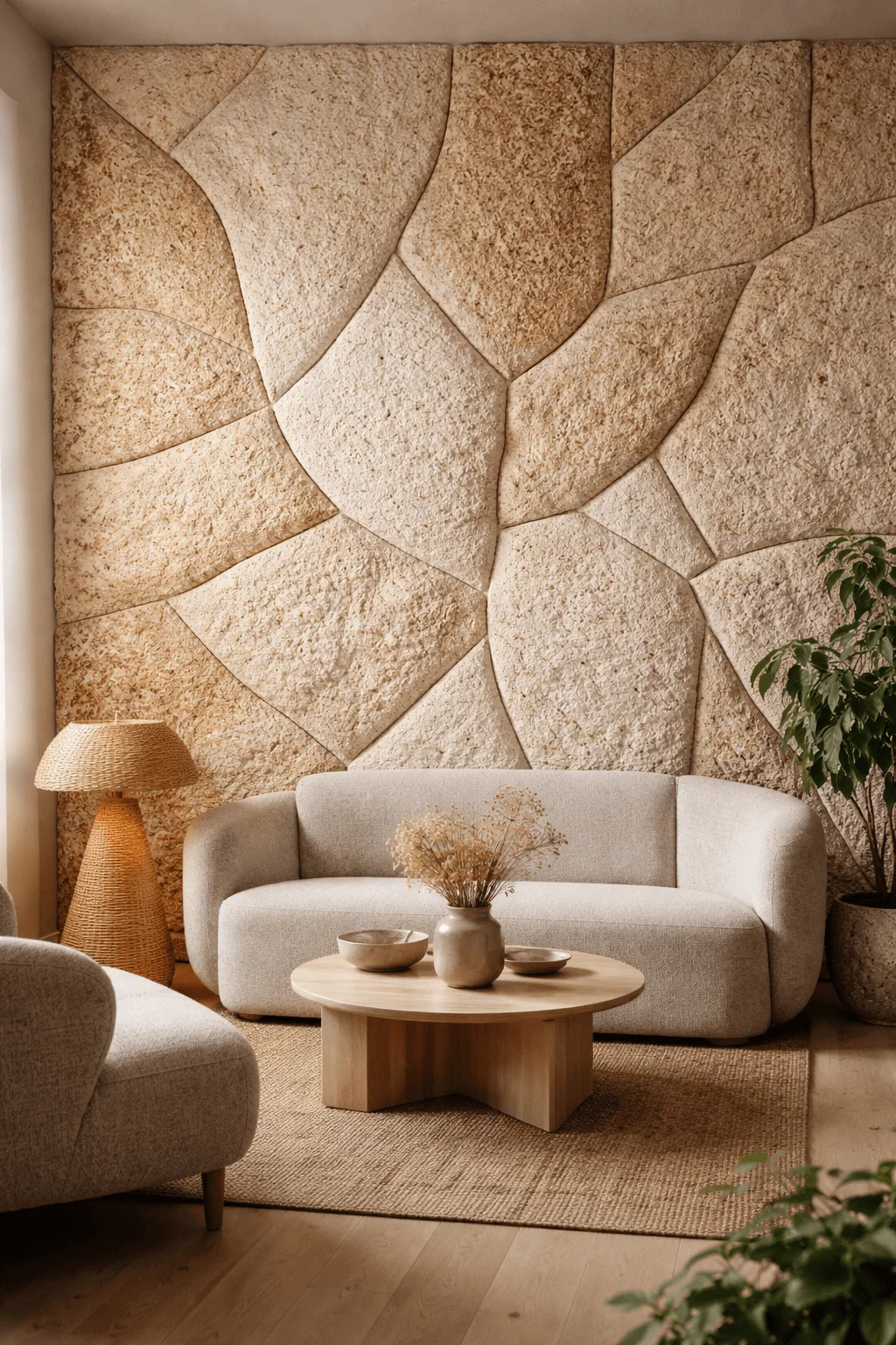 Living room with sculptural wall made of organic mycelium panels in soft earthy tones paired with curved neutral sofa wooden coffee table woven lamp and natural decor creating a warm sustainable aesthetic