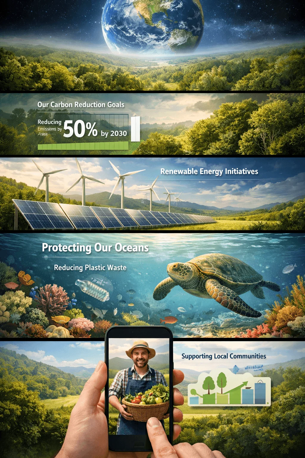 scrolling style sustainability narrative showing carbon reduction goals renewable energy initiatives ocean protection and community support with visuals of earth solar panels sea turtle and local farmer