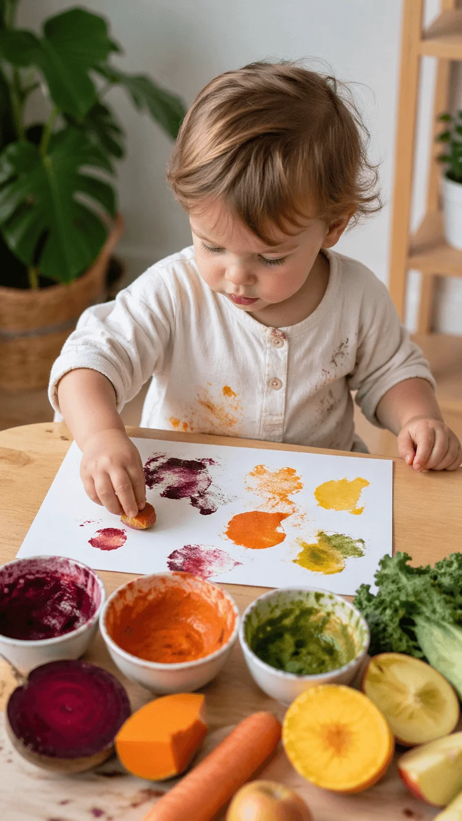 Toddler painting on paper using natural dyes from vegetables and fruits with bowls of colorful homemade paint nearby
