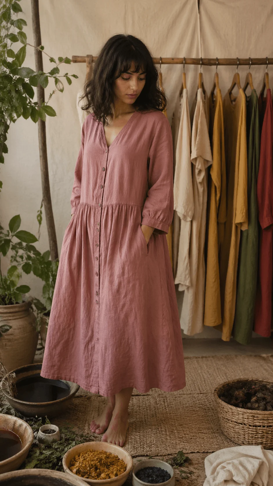 Woman wearing a naturally dyed dress in an earthy studio setting with plants herbs and fabric showcasing eco friendly dyeing and sustainable fashion design