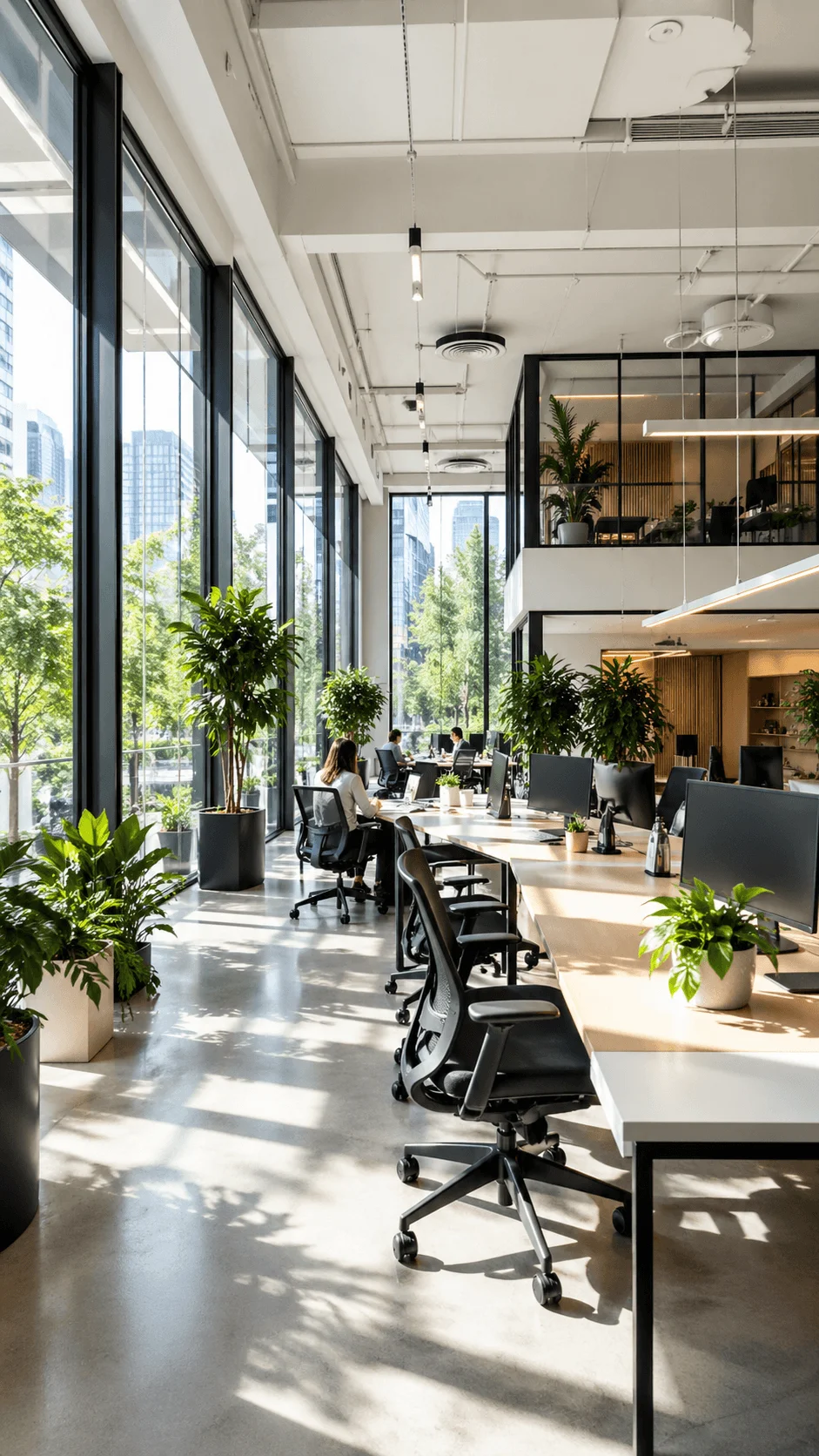 Modern office with large windows abundant natural light indoor plants and open workspace design promoting productivity and wellbeing