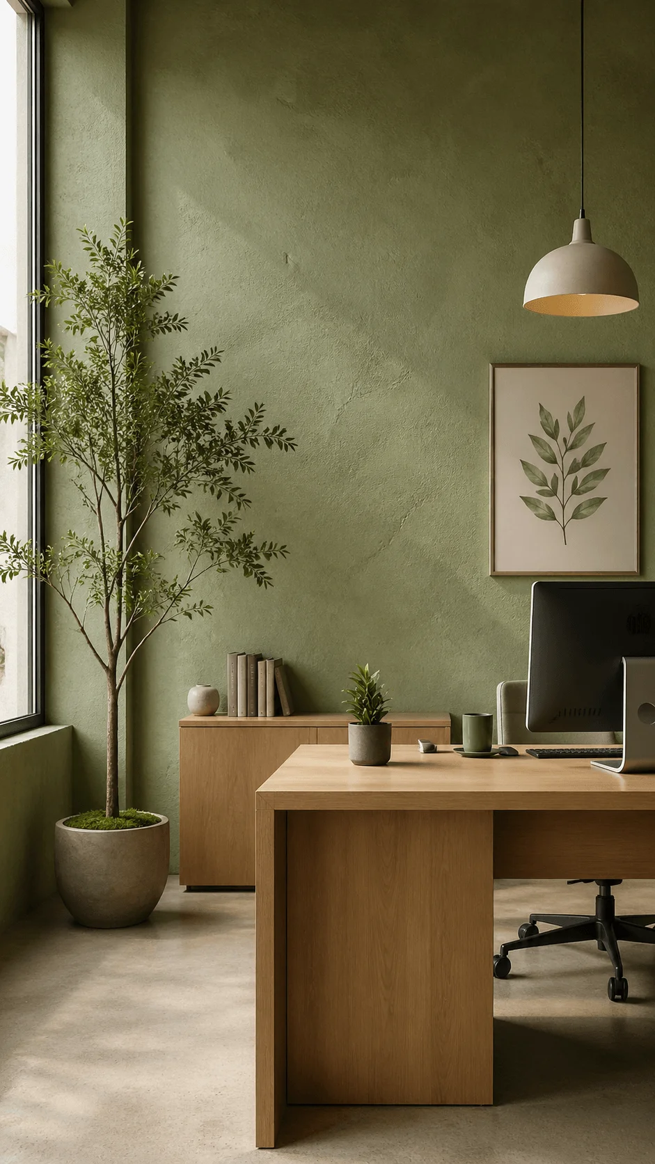Minimalist office interior with textured green plaster wall wooden desk indoor plant natural light and calm eco friendly workspace design
