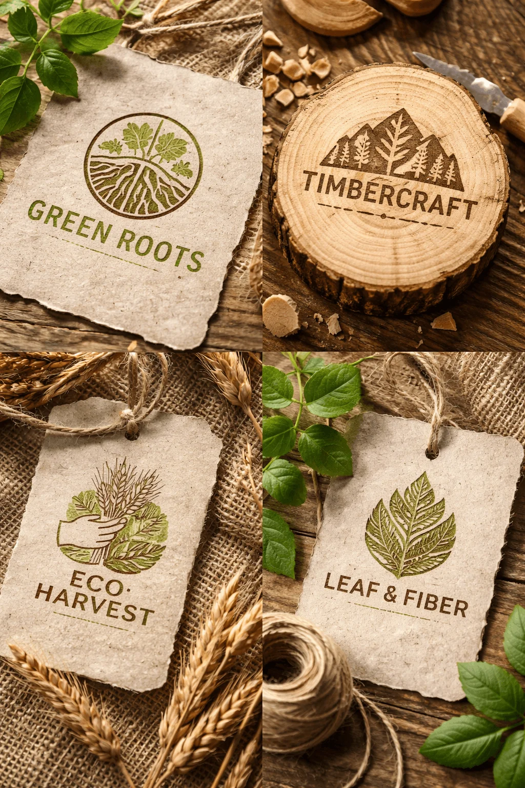 Collection of rustic eco logos printed on textured paper and engraved on wood featuring designs like green roots timbercraft eco harvest and leaf and fiber surrounded by natural materials such as leaves wheat twine and burlap creating an organic earthy aesthetic