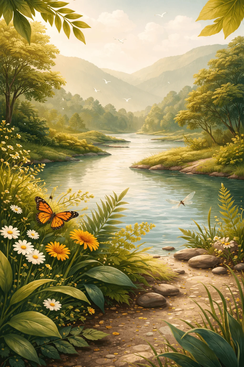 Illustration of a peaceful river flowing through a lush forest valley with wildflowers rocks butterflies birds and dragonflies surrounded by green trees and distant mountains under soft sunlight