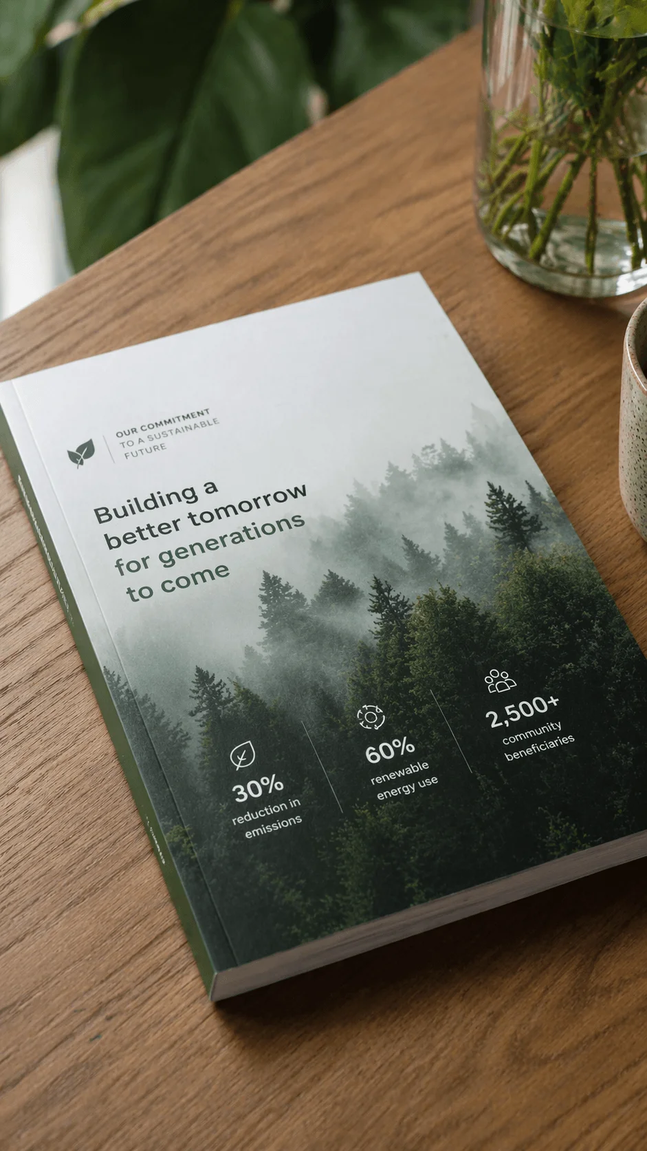 Sustainability report booklet on a wooden desk featuring a forest themed cover with text about building a better tomorrow for future generations and highlights of emissions reduction renewable energy use and community impact