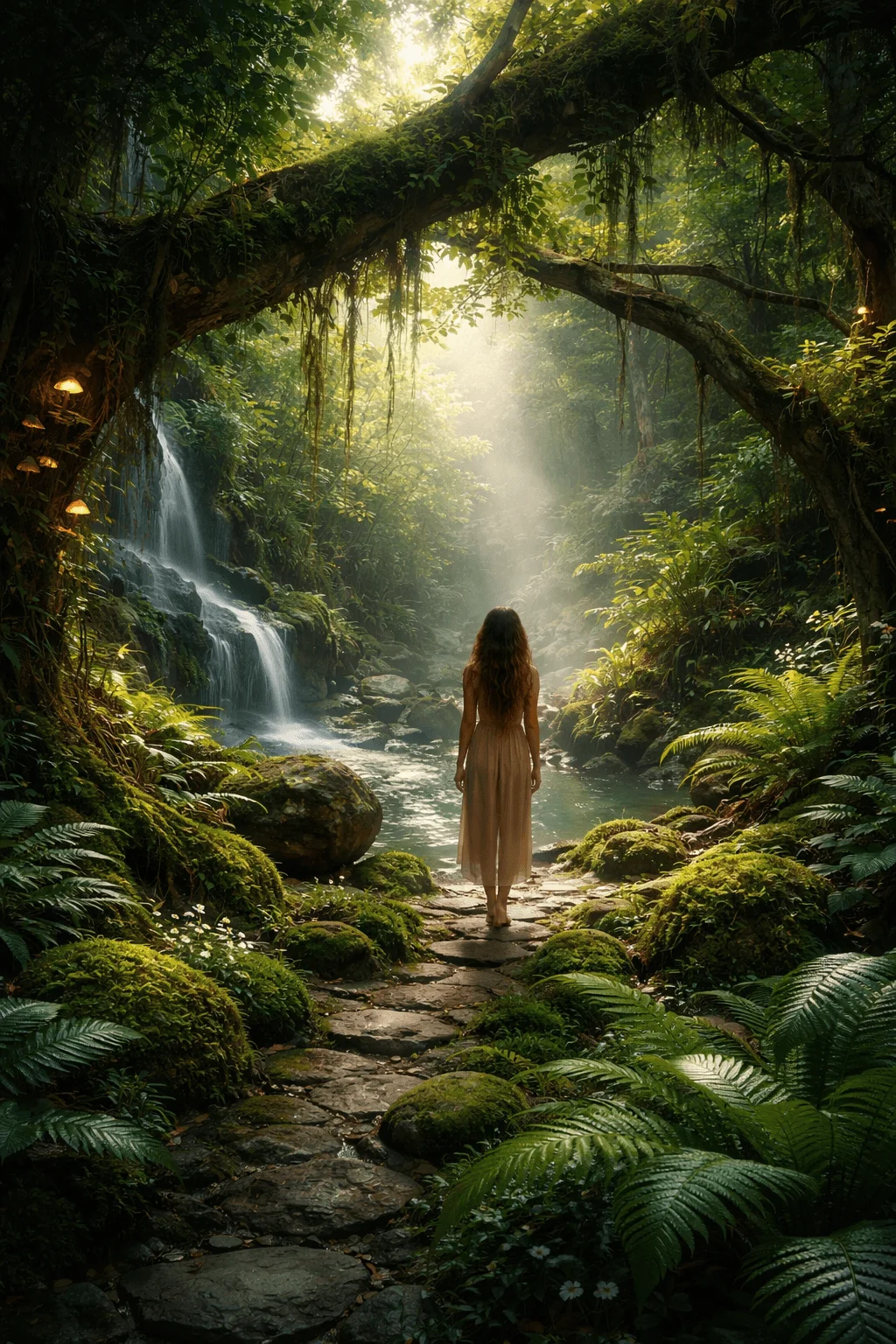 Person standing on a stone path in a lush forest surrounded by ferns and moss with sunlight streaming through trees and a small waterfall flowing into a calm pool